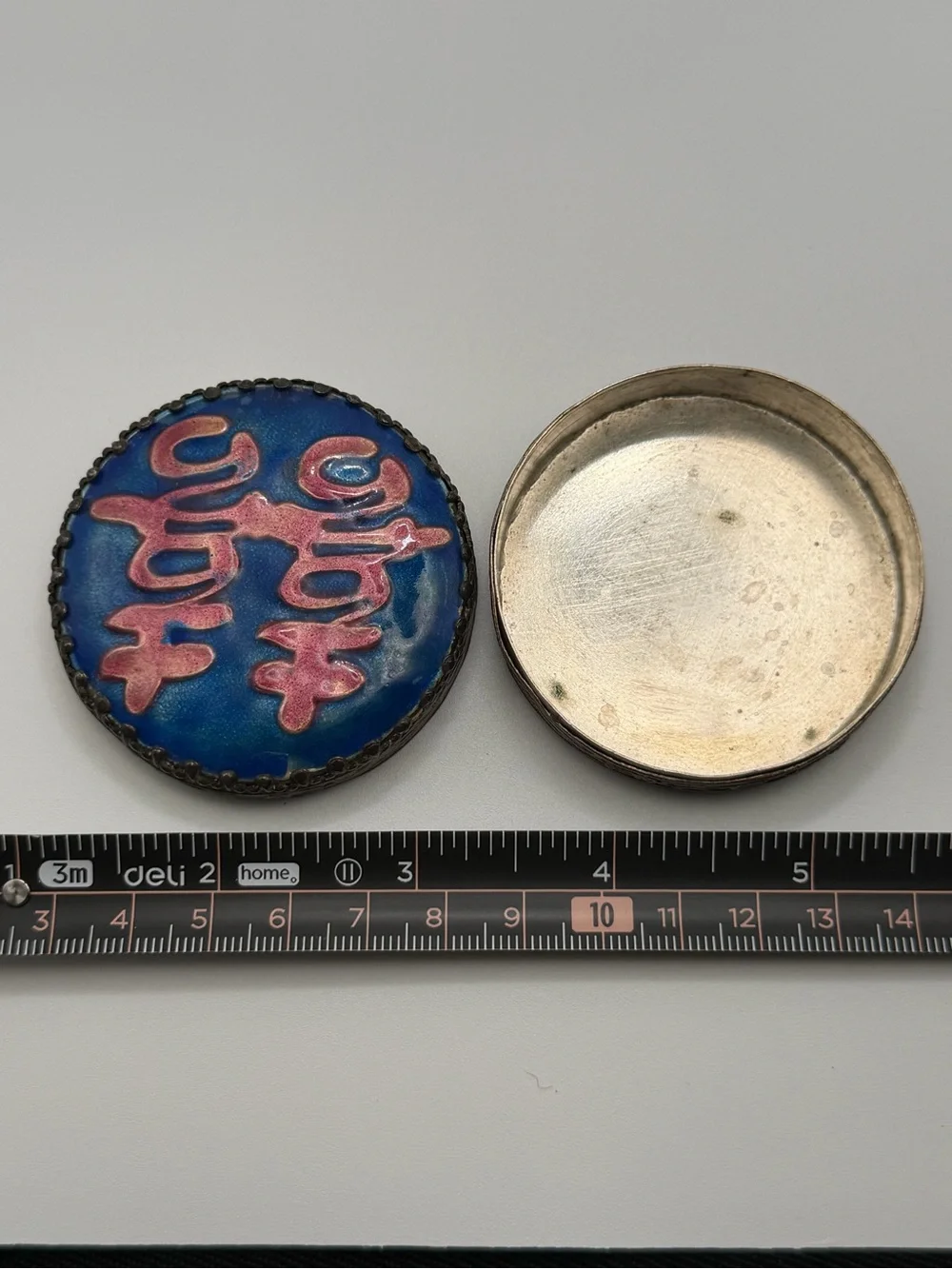 Vintage Chinese Double Happiness 囍 Enamel Trinket Box Blue Pink Silver Tone